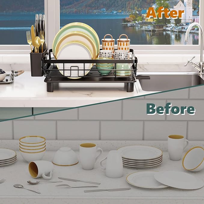 AIDERLY Iron Dish Drying Rack with Drainboard Dish Drainers for Kitchen Counter Extendable Spout Strainers with Utensil Holder and Knife Slots, Black - Image 6