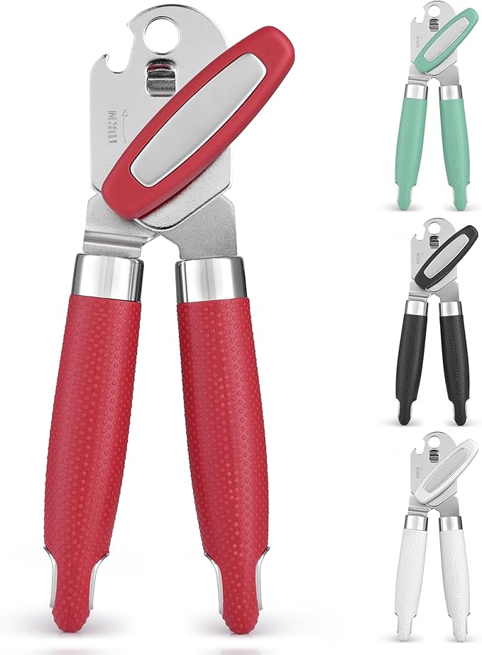 Zulay Kitchen Heavy Duty Stainless Steel Can Opener Manual with Large Bottle Opener - Manual Can Opener with Turn Knob with Soft Grip Handles - Red by ZulayKitchen