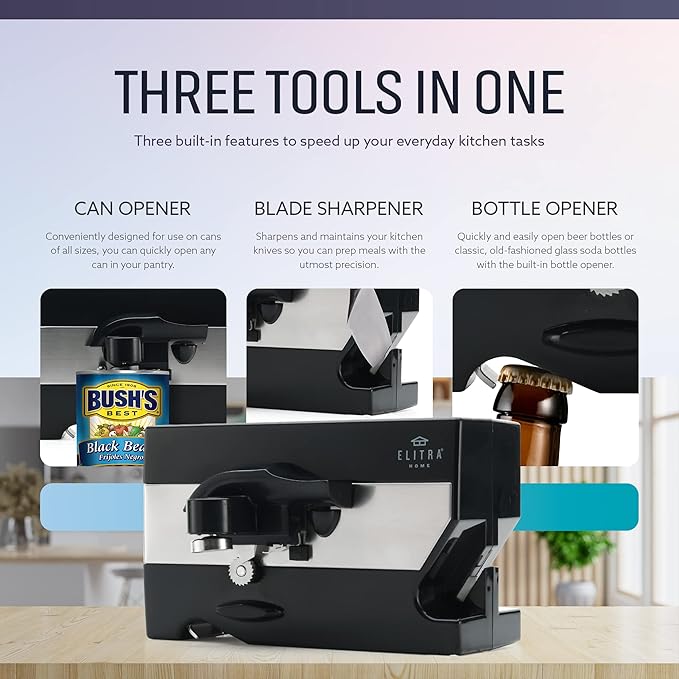ELITRA HOME 3 in 1 Under the Cabinet Electric Can Opener, Blade Sharpener, Bottle Opener, Under The Counter Mount, For Large And Small Cans (Black)