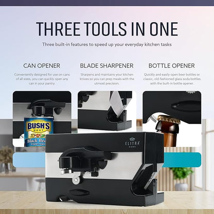 ELITRA HOME 3 in 1 Under the Cabinet Electric Can Opener, Blade Sharpener, Bottle Opener, Under The Counter Mount, For Large And Small Cans (Black)