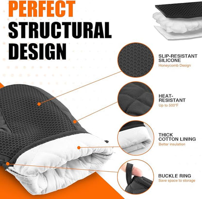 Silicone Oven Mitts, Heat Resistant 2PCS Oven Mitts with Soft Cotton Lining, Waterproof Non-Slip Grip Oven Glove, Kitchen Potholder Mits for BBQ, Baking, Cooking, 10.5Inch - Dark Black - Image 3