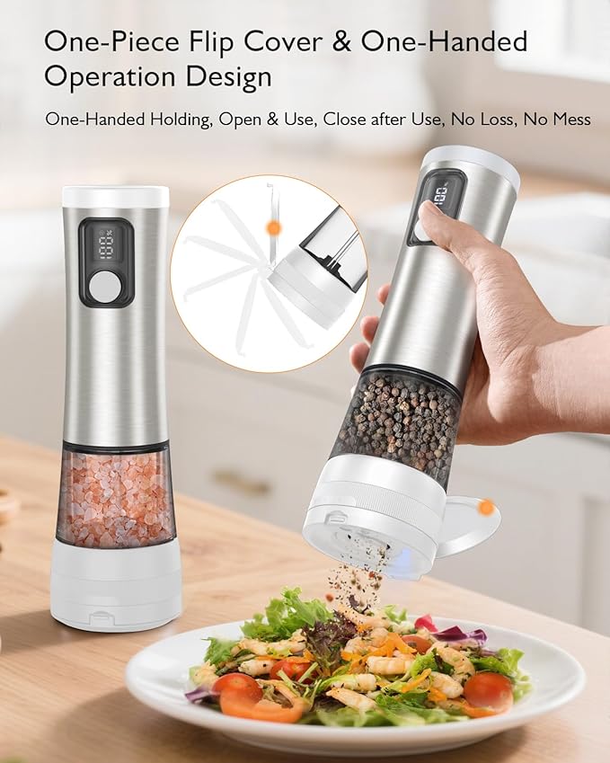 Electric Salt and Pepper Grinder Set, Upgraded 2-Speed Setting, External 5 Adjustable Coarseness, Battery Display Rechargeable Base, Stainless Steel Automatic Salt & Pepper Shaker Mill with LED, White - Image 9