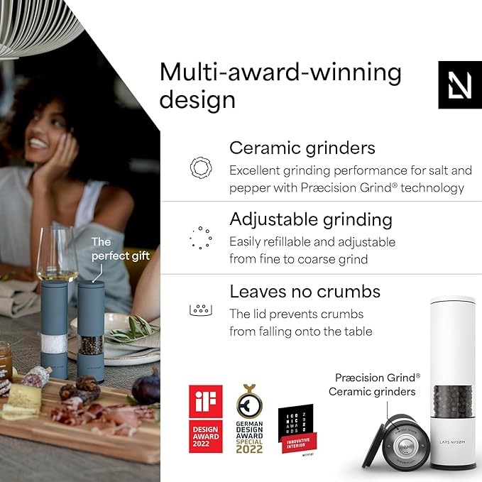 LARS NYSØM Salt and Pepper Grinder Set Manual, Stainless Steel Salt and Pepper Mills with Adjustable Ceramic Grinder I Design Spice Shakers (Black/White) - Image 2