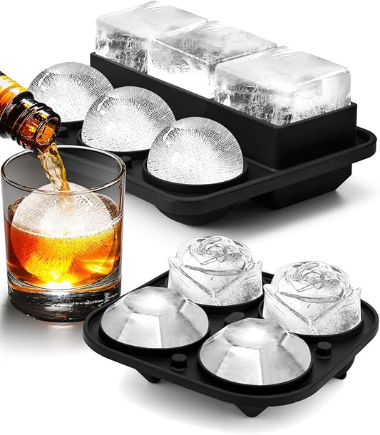 Ice Cube Tray with Lid, Silicone Ice Molds with Round, Square, Diamond, Rose, Large Ice Cube Mold for Whiskey, Bourbon, Cocktails, Easy Release BPA Free, Set of 2