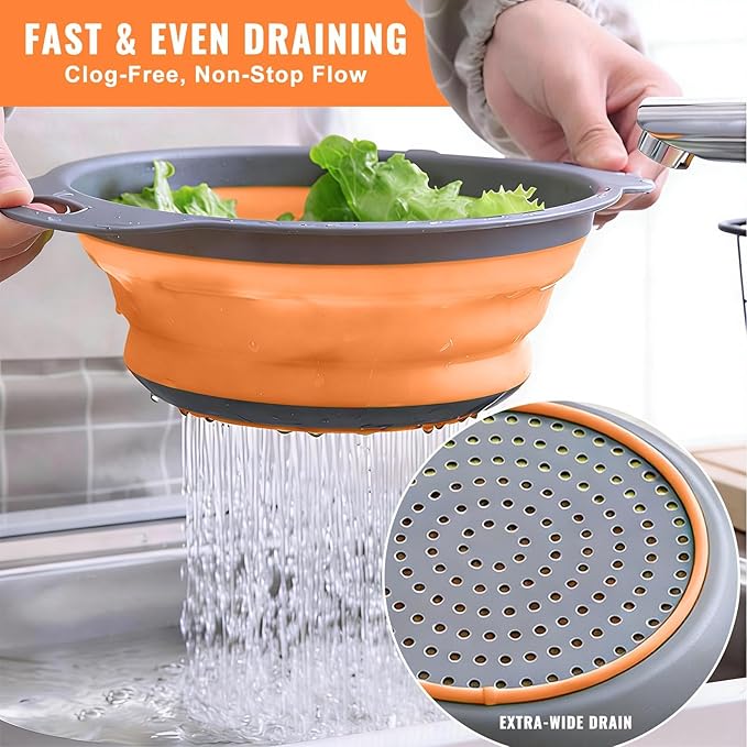 2 Pack Collapsible Silicone Colander with Handle, Over Sink Foldable Food Strainer, BPA-Free Space Saving Drain Basket for Vegetables, Fruits, Pasta, Kitchen & Camping (Orange) - Image 2