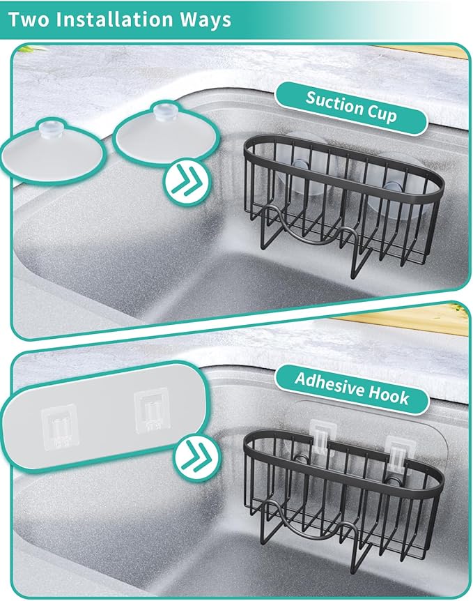 HapiRm Kitchen Sponge Holder for Sink - 2 Installation Methods Kitchen Sink Caddy Organizer with Unique M-Shaped, Rustproof Stainless Steel Sponge Caddy - Black（Large） - Image 3