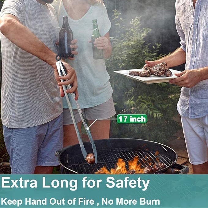 BBQ Tongs for Grilling, 17" Long Kitchen Cooking Stainless Steel Heavy Duty Locking Grill Tongs with Soft Grip Silicone Handle - Image 3