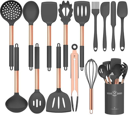 Silicone Cooking Utensil Set, Umite Chef Kitchen Utensils 15pcs Cooking Utensils Set Non-stick Silicone Rose Gold Handle Cooking Tools Whisk Kitchen Tools Set -Grey by UmiteChef