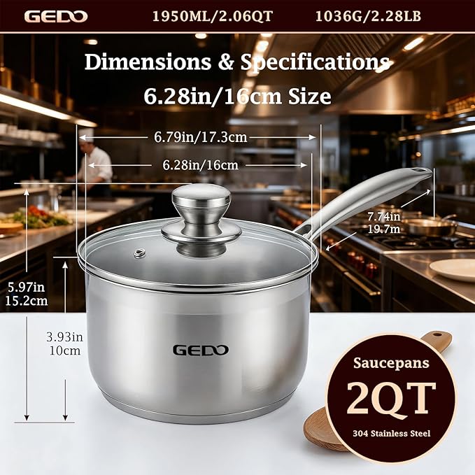 GEDO Food-Grade 316L Stainless Steel Sauce Pan with Glass Lid, 3-Ply Integrated Body Uncoated Cooking Pot, Universal for Induction Gas Ceramic Stovetops, Multi-Purpose Kitchen Cookware (2, Quarts) - Image 3