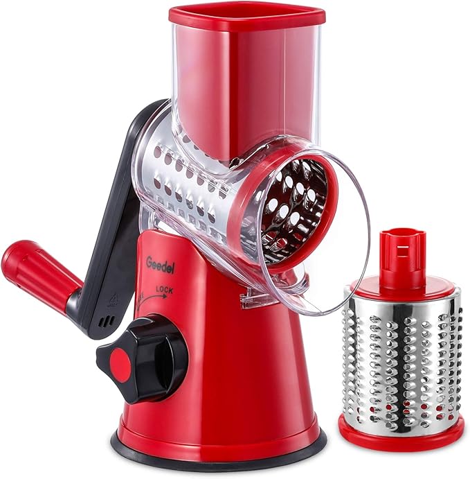 Geedel Rotary Cheese Grater, Kitchen Mandoline Vegetable Slicer with 2 Interchangeable Blades, Easy to Clean Rotary Grater Slicer for Fruit, Vegetables, Nuts by Geedel