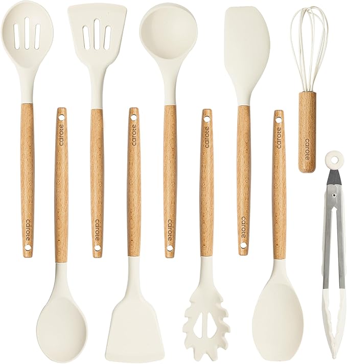CAROTE Silicone Cooking Utensils Set, Kitchen Utensils Set 10 Pcs for cooking, BPA Free Spatula Set with Heat Resistant Wood Handles for Nonstick Cookware (Cream White) by CAROTE