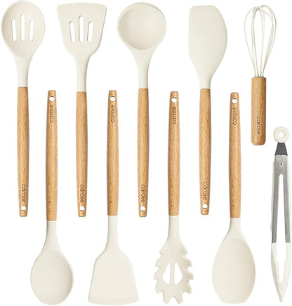 CAROTE Silicone Cooking Utensils Set, Kitchen Utensils Set 10 Pcs for cooking, BPA Free Spatula Set with Heat Resistant Wood Handles for Nonstick Cookware (Cream White) by CAROTE