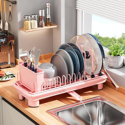 SanDream Small Dish Drying Rack with Removable Utensil Holder & Anti-Scratch Base - Stainless Steel Dish Rack, Dish Drying Rack with Drainage & Space Saving Design for Kitchen Counter, Pink by SanDream