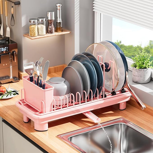 SanDream Small Dish Drying Rack with Removable Utensil Holder & Anti-Scratch Base - Stainless Steel Dish Rack, Dish Drying Rack with Drainage & Space Saving Design for Kitchen Counter, Pink by SanDream