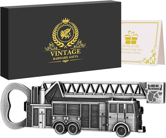 Fire Truck Bottle Opener – Firefighter Gifts for Men, Dad, Grandpa – Silver Fire Truckt-Shaped Bar Accessory with Gift Box – Perfect for Birthday Fathers Day Christmas BBQ Camping