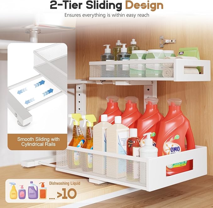 2-Pack Under Sink Storage Organizer, Large 2-Tier Elegant Mesh Pull Out Shelf for Kitchen and Bathroom Cabinet Organization, L-Shaped and Adjustable Height Design for Maximum Space Efficiency-White - Image 4