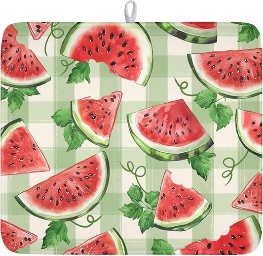Summer Dish Drying Mat for Kitchen Counter Watercolor Watermelon Green Buffalo Plaid Microfiber Dish Drainer Mat Rustic Absorbent Washable Drying Pad 16"x18"