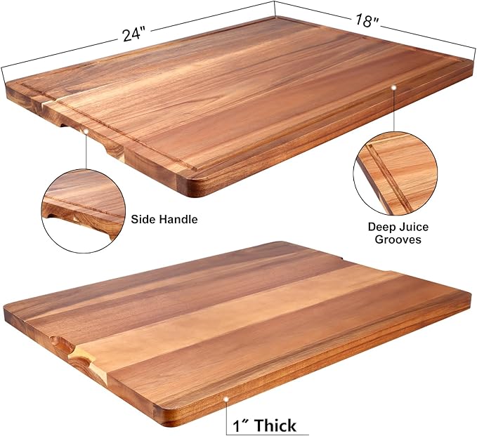24"x18" XXL Extra Large Acacia Wood Cutting Boards for Kitchen Meat Big Wooden Cheese Charcuterie Board Hardwood Solid Chopping Board Bread Thick Olive Butcher Block Giant Turkey Serving Carving Board - Image 4