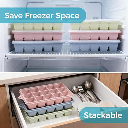 Silicone Ice Cube Trays with Lids 3-Pack, 15-Cavity Ice Tray Set for Freezer, Easy-Release BPA-free Ice Cube Mold for Whiskey, Coffee, Cocktails and More (3, Green+Blue+Pink) - Image 6