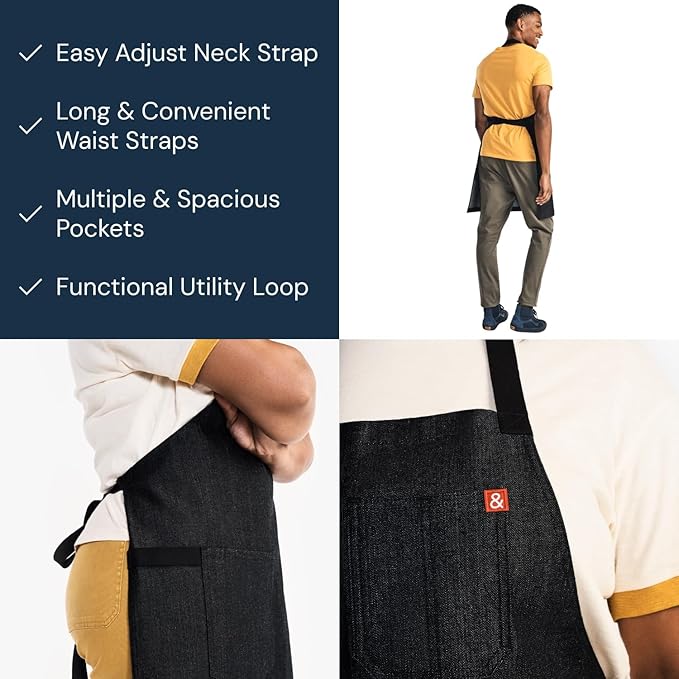 hedley & bennett Essential Apron - Professional Chef Apron with Pockets & Adjustable Bib Strap for Cooking & Grilling