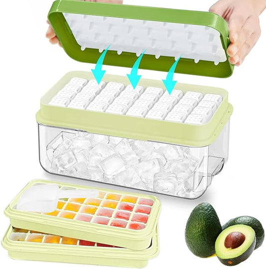 Ice Cube Tray with Lid and Bin, 64 pcs Ice Tray Kit with Ice Scoop, Ice Cube Pop Out Tray, Ice Cube Trays for Freezer, Ice Cube Molds, BPA Free, Easy Release Stackble Spill-Resistant ZZWILLB (Green)