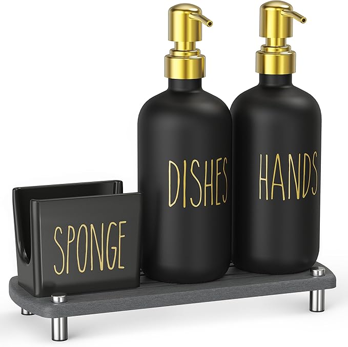 Cisily Kitchen Soap Dispenser Set Comes with Ceramics Sponge Holder, Gold Pumps, and Instant Dry Tray, Hand and Dish Soap Dispenser Set (4, Gold + Black + Sponge Holder) - Image 8