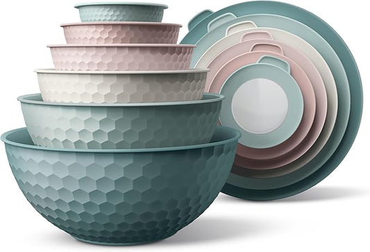 COOK WITH COLOR Mixing Bowls with Lids - 12 Piece Plastic Nesting Bowls Set includes 6 Prep Bowls and 6 Lids, Microwave Safe Mixing Bowl Set, Teal Embossed by CookwithColor
