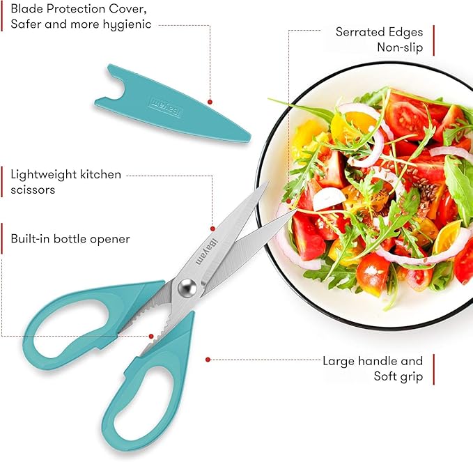 Small Kitchen Scissors 8-inch, iBayam 2 Pack Kitchen Shears All Purpose Meat Scissors Poultry Shears, Dishwasher Safe Food Cooking Scissors Heavy Duty Stainless Steel Utility (Black, Aqua Sky) - Image 5