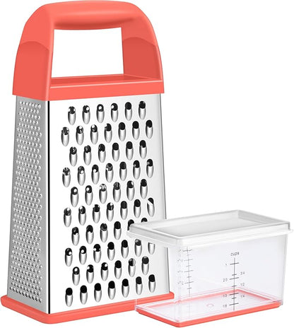 Urbanstrive Cheese Grater With Container, Professional Cheese Grater with Handle, Stainless Steel Graters for Kitchen Handheld, Box Grater with 4 Sides for Vegetables, Ginger, Potatoes (Coral) by Urbanstrive