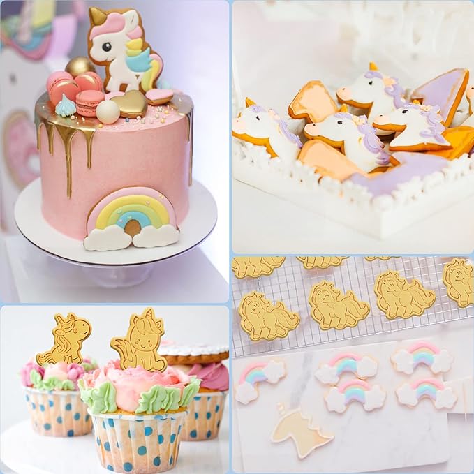 8 Piece Unicorn Cookie Cutter Set With Plunger Stamps - Unicorn Head Embossing Stamps For Biscuit Fondant Cheese Baking