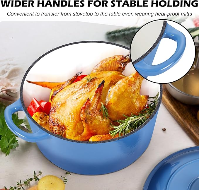 TeamFar 5Qt Dutch Oven, Enameled Cast Iron Dutch Oven with Lid & Dual Handles for Cooking Baking Braising Simmering, Healthy & Sturdy, Oven & Various Stovetops Safe, Non-stick & Easy Clean - Blue - Image 3