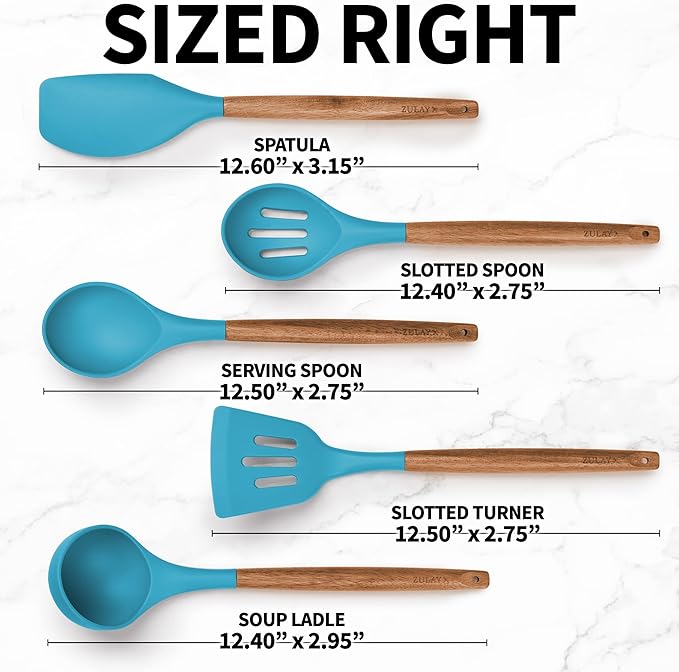 Zulay Kitchen Non-Stick Cooking Utensils Set with Authentic Acacia Wood Handles – 5-Piece Durable & Stylish Silicone Kitchen Utensils Set – Heat Resistant to 464°F – Blue - Image 8