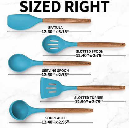 Zulay Kitchen Non-Stick Cooking Utensils Set with Authentic Acacia Wood Handles – 5-Piece Durable & Stylish Silicone Kitchen Utensils Set – Heat Resistant to 464°F – Blue - Image 8