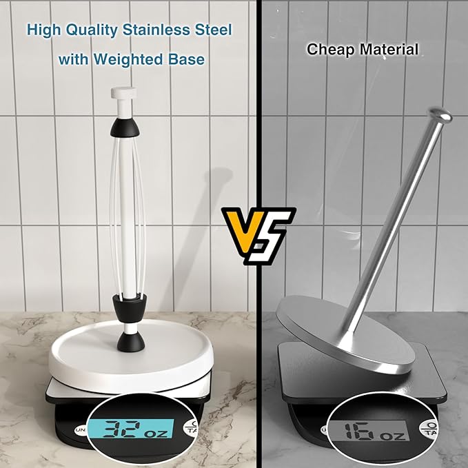 White Paper Towel Holder Countertop, White Kitchen Accessories Decor, Stainless Steel, Weighted Base, Paper Towel Roll Holder Stand with Ratchet Mechanism for Kitchen Bathroom Farmhouse Essentials - Image 5