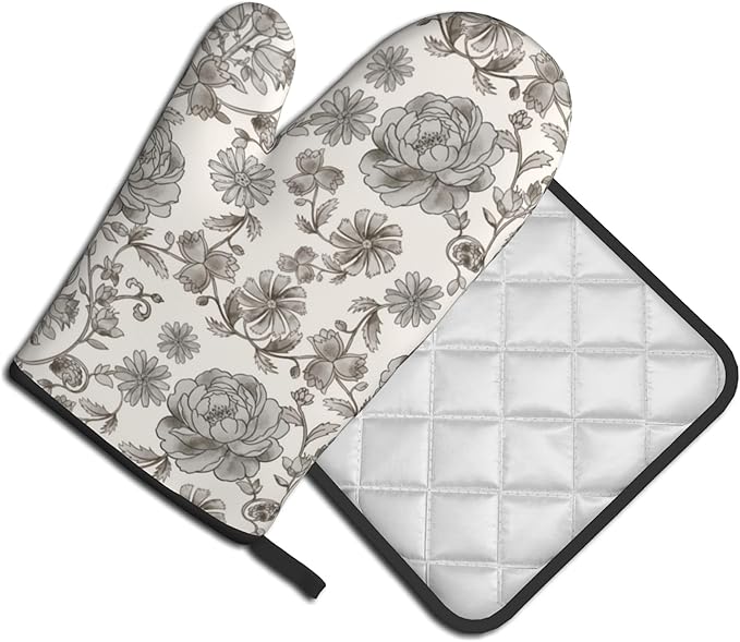 Vintage Flowers Oven Mitts and Pot Holders Sets Boho Kitchen Gloves White Grey Floral Hot Pads Cute Baker Stuff Chef Cooking Baking Gifts for Women - Image 2