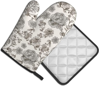 Vintage Flowers Oven Mitts and Pot Holders Sets Boho Kitchen Gloves White Grey Floral Hot Pads Cute Baker Stuff Chef Cooking Baking Gifts for Women - Image 2