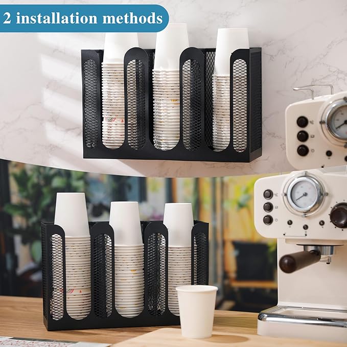 Maxcheck Metal Mesh Cup and Lid Holder Coffee Paper Cup Dispenser Lid Holder Storage Organizer Countertop or Wall Mount for Coffee Bar, Kitchen, Breakroom(3 Compartments,12.3 x 4.1 x 7.87 Inch)