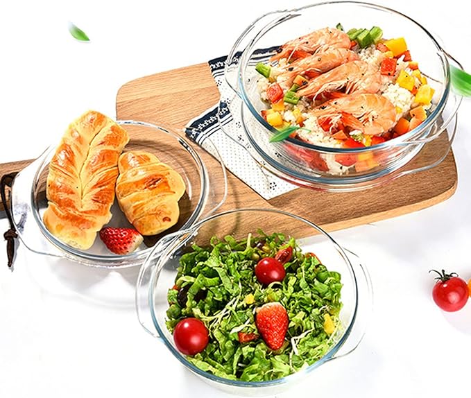 Casserole Baking Dish with 2 pcs, 1.5 QT large,Round with Handle and Lid, Tempered Glass, Oven Microwave Dishwasher freezer safe,Cookware Bowl,Clear