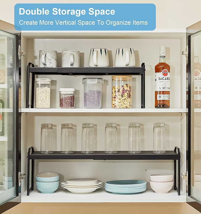 4 Pack Kitchen Cabinet Shelves Organizers, Kitchen Counter Storage Shelf Spice Rack, Expandable Length, Adjustable Height, Stackable, Sturdy 30LBS Bearing, Small Cupboard Tabletop Organizer Shelf Rack - Image 6