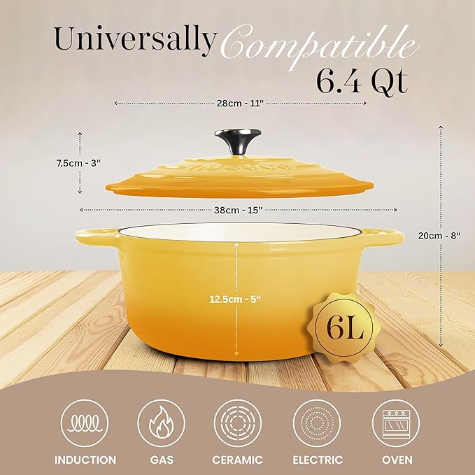 Nuovva Enamelled Cast Iron Dutch Oven Pot with Lid 6.4 Quart Non Stick Casserole Pot – Heavy Duty & Oven Safe up to 500° F for Bread Baking, Braising, Stews, Roasting – 28cm Yellow - Image 2