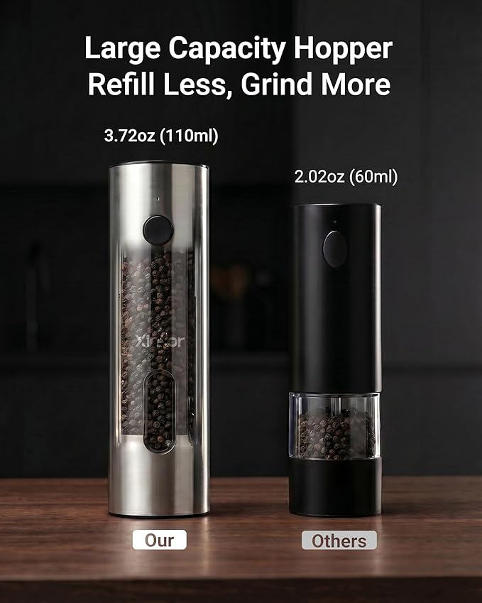 Electric Salt and Pepper Grinder Set with USB-C Charging Base, Stainless Steel Automatic Rechargeable Salt and Pepper Grinder with LED Light & Large Capacity, 6 Adjustable Coarseness Settings