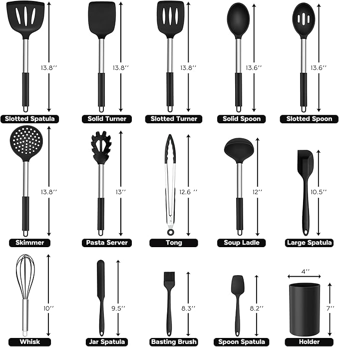 Onader Kitchen Utensils Set, 15 Pcs Silicone Cooking Utensils Set with Holder and Heat Resistant Stainless Steel Handle for Nonstick Cookware - Black - Image 2