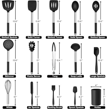 Onader Kitchen Utensils Set, 15 Pcs Silicone Cooking Utensils Set with Holder and Heat Resistant Stainless Steel Handle for Nonstick Cookware - Black - Image 2