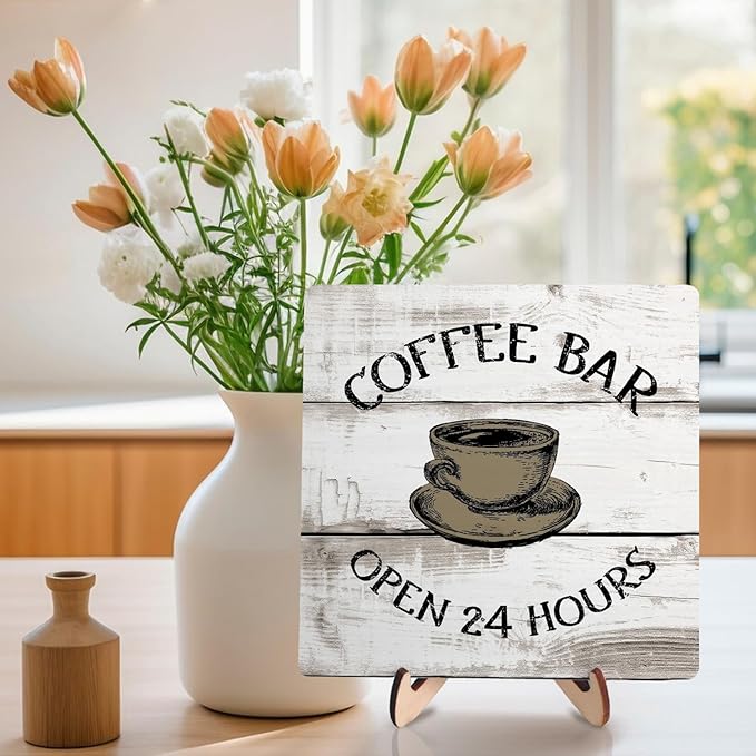 Coffee Bar Sign Plaque, Vintage Farmhouse Coffee Station Decor – 24 Hours Open Bar Plaque for Cafe, Home or Office, Rustic Kitchen Wall Art, CoffeeShop Accessories - Image 3