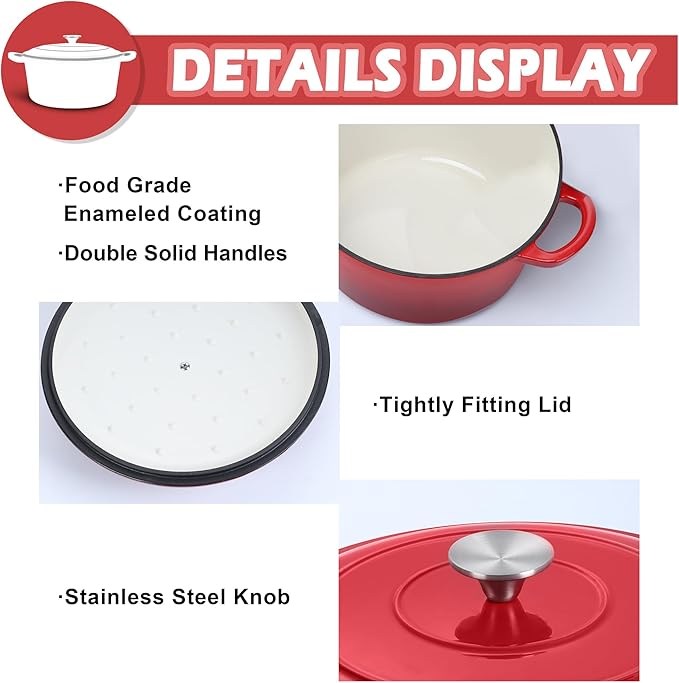 TeamFar 3qt Dutch Oven, Small Enameled Cast Iron Dutch Oven Pot with Lid, For Bread Baking/Stewing/Braising/Frying, Various Stoves & Oven Safe, Non-stick & Easy Clean, Red - Image 3