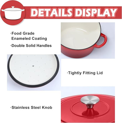 TeamFar 3qt Dutch Oven, Small Enameled Cast Iron Dutch Oven Pot with Lid, For Bread Baking/Stewing/Braising/Frying, Various Stoves & Oven Safe, Non-stick & Easy Clean, Red - Image 3