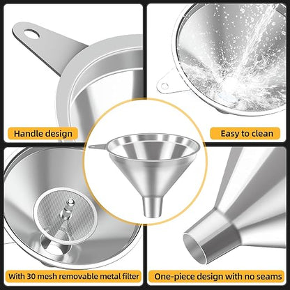 3 Pack Stainless Steel Kitchen Funnel Set,funnels for Kitchen use Filling Bottles, 2 Size Spouts Funnel and Strainer for Filling Different Bottles and Bags - Image 2