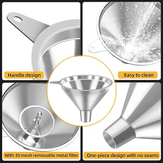 Serinar 3-Piece Stainless Steel Kitchen Funnel Set for Kitchen Bottle Filling, 2 Funnel Sizes and 1 Strainer for Oils, Liquids, Fluids, Dry Ingredients and Powders, Durable, Washable - Image 3
