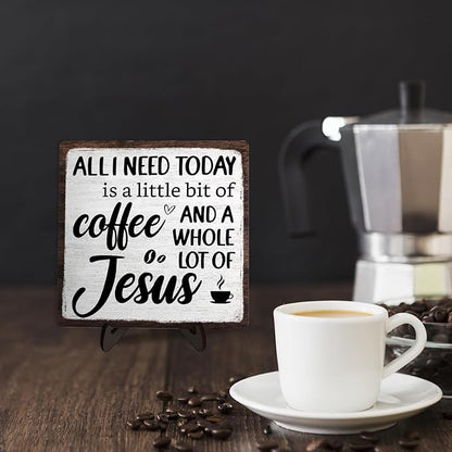 Coffee Bar Plaque, Vintage Desk Decor for Home or Office,Cafe Bar Sign - All I Need Today is a Little Bit of Coffee and A Whole Lot of Jesus,Christian Kitchen Accessories 5.9x5.9IN(White-coffee) - Image 5