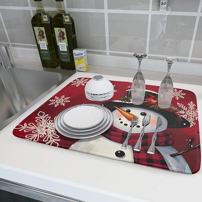 Christmas Snowman Dish Drying Mat for Kitchen Counter 18x24 Xmas Snowflake Winter Holiday Dark Red Absorbent Reversible Microfiber Drying Mats Kitchen Countertop Protector Dishes Drainer Rack Pad - Image 6